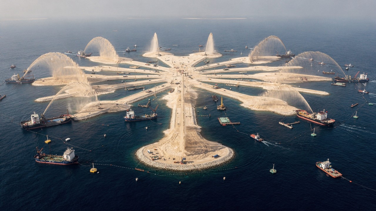 Com investimento de US$ 15 bilhões, o projeto da nova ilha artificial que usa milhões de metros cúbicos de areia para tentar dobrar a linha costeira de Dubai.