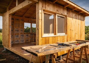 Sem experiência e com pouca estrutura, casal catarinense ergue mini casa de 18 metros quadrados aprendendo esquadro na internet, usando energia emprestada e criando soluções que viraram roteiro de obra