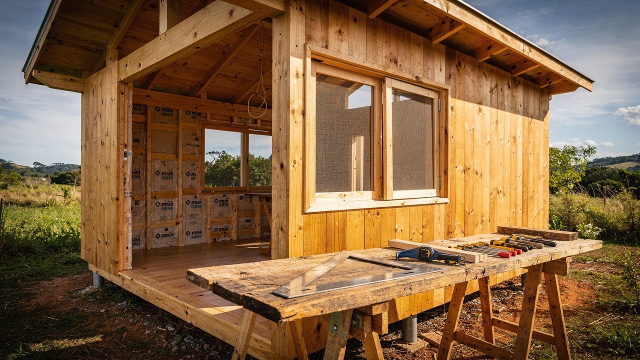 Sem experiência e com pouca estrutura, casal catarinense ergue mini casa de 18 metros quadrados aprendendo esquadro na internet, usando energia emprestada e criando soluções que viraram roteiro de obra