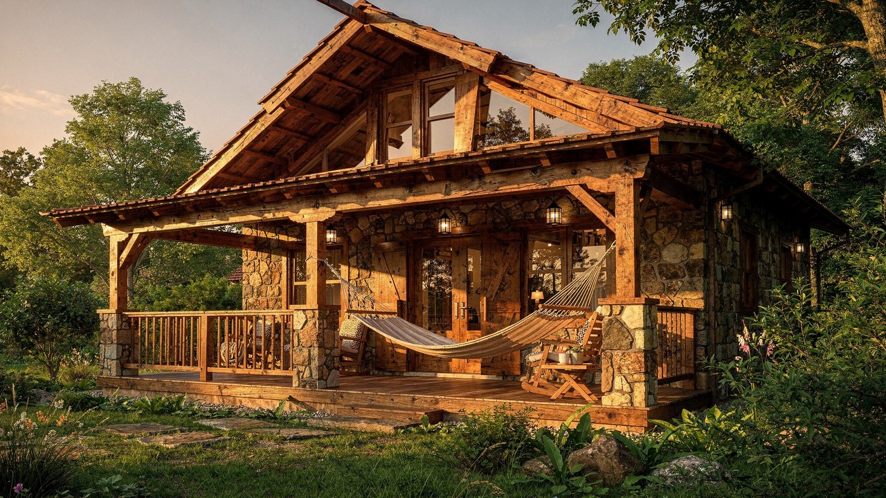 Telhado aparente, madeira e integração total: a casa rústica de 2 quartos que cabe no bolso de famílias jovens e aposentados