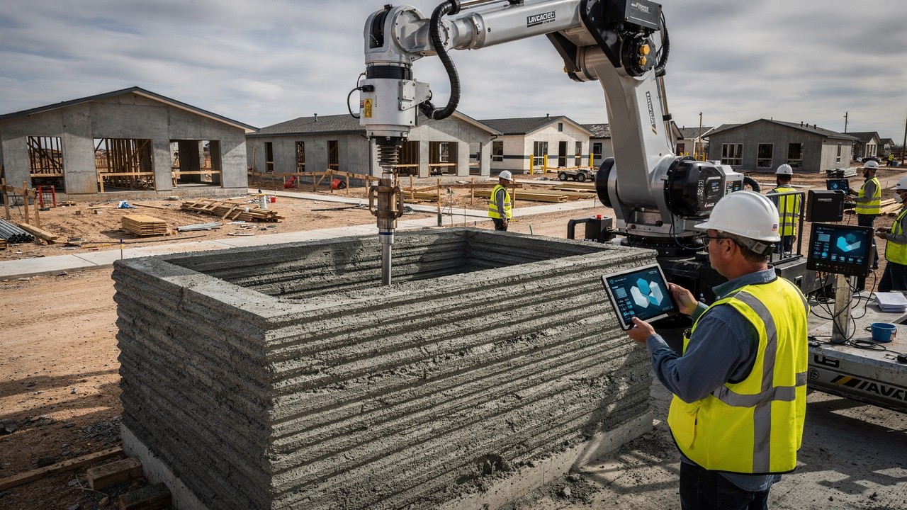 Fim dos pedreiros: impressoras 3D gigantes constroem bairro inteiro no Texas com casas de concreto em apenas 48 horas e equipe de 3 operadores