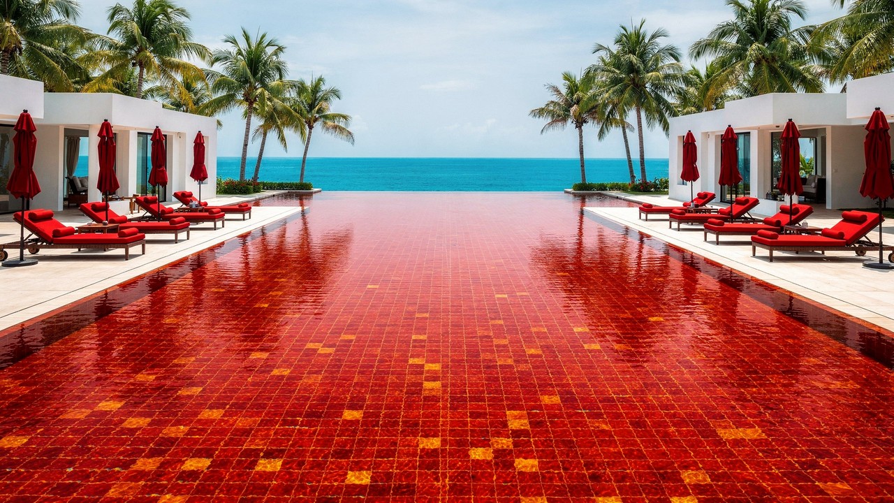 Água cor de sangue? A piscina de luxo na Tailândia que usa azulejos laranjas e vermelhos para criar um espetáculo visual único e sofisticado sem usar corantes