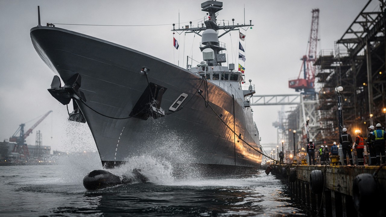 Pesando até 5 mil toneladas e com 135 metros de extensão, a nova fragata de guerra oceânica da Rússia vai à água como a grande vitrine da indústria naval do país