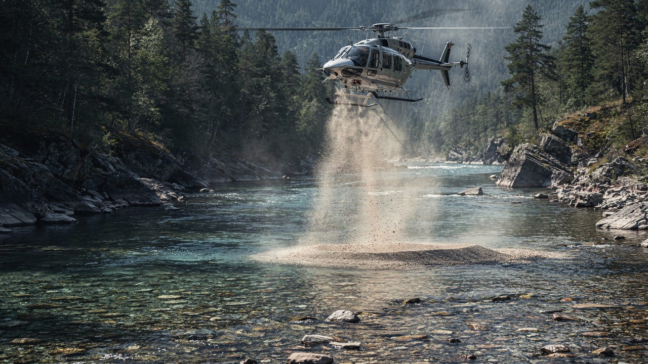 Uma operação com helicópteros despejou 150 toneladas de areia e cascalho para "ressuscitar" rio na Lapônia