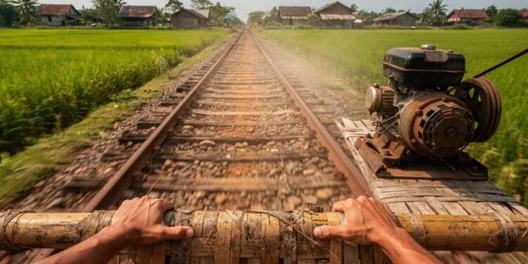 Sem teto, sem paredes e movido a motor de barco: o “trem de bambu” improvisado que salvou vilarejos isolados e virou a atração turística mais divertida do Camboja