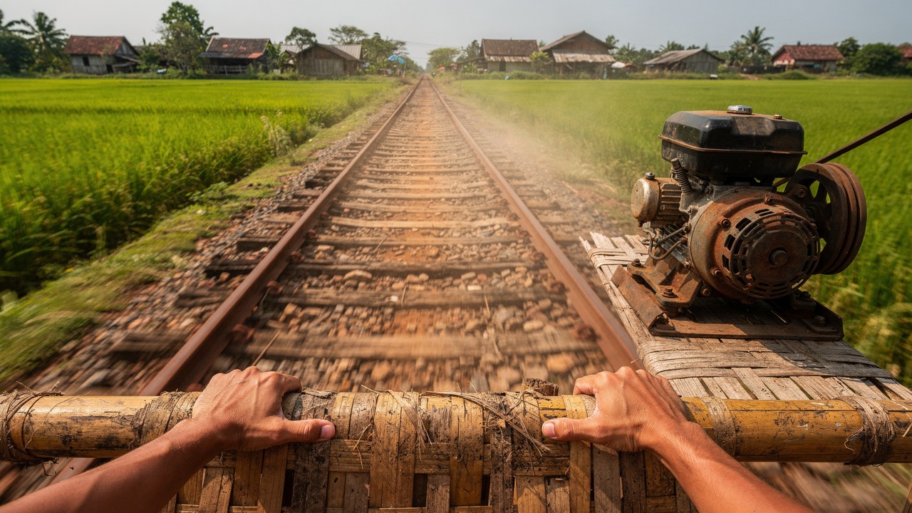 Sem teto, sem paredes e movido a motor de barco: o “trem de bambu” improvisado que salvou vilarejos isolados e virou a atração turística mais divertida do Camboja