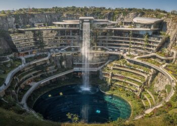 Construído para baixo, dentro de uma cratera abandonada, o hotel de luxo de 300 milhões inverte a engenharia tradicional e abriga quartos submersos em um lago artificial