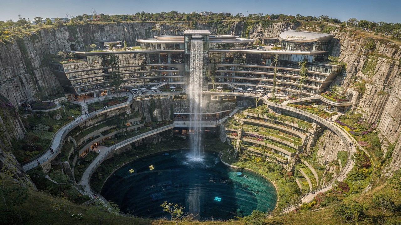 Construído para baixo, dentro de uma cratera abandonada, o hotel de luxo de 300 milhões inverte a engenharia tradicional e abriga quartos submersos em um lago artificial