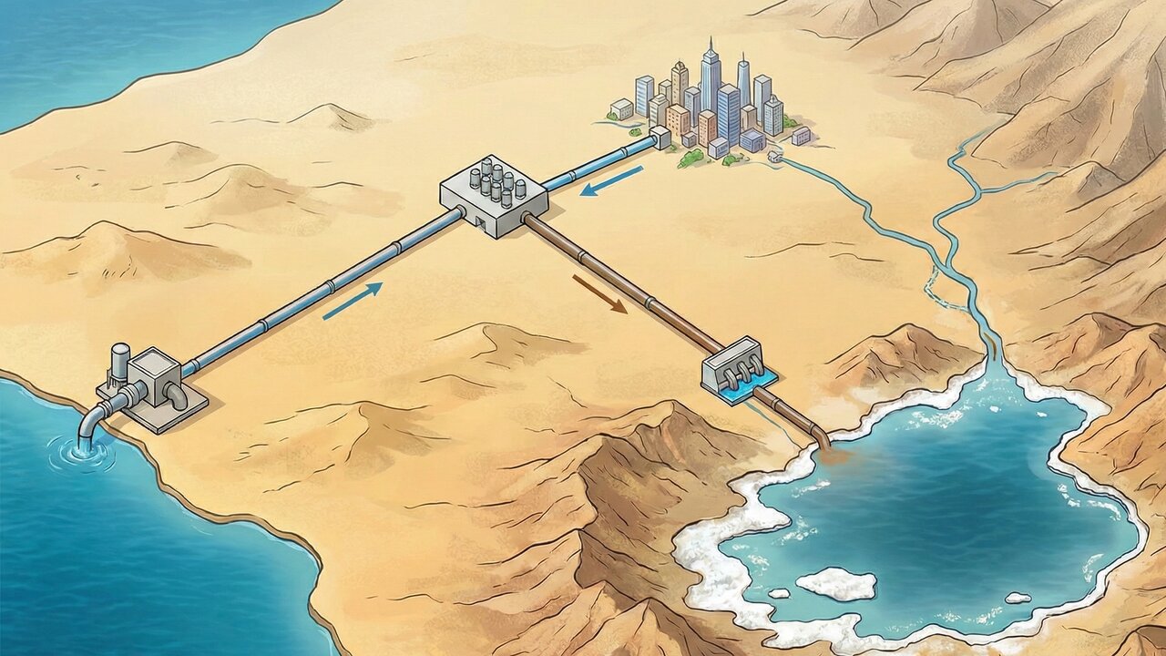 Eles planejam salvar um lago milenar através de um projeto que traz água do Mar Vermelho e transforma salmoura em vida no deserto