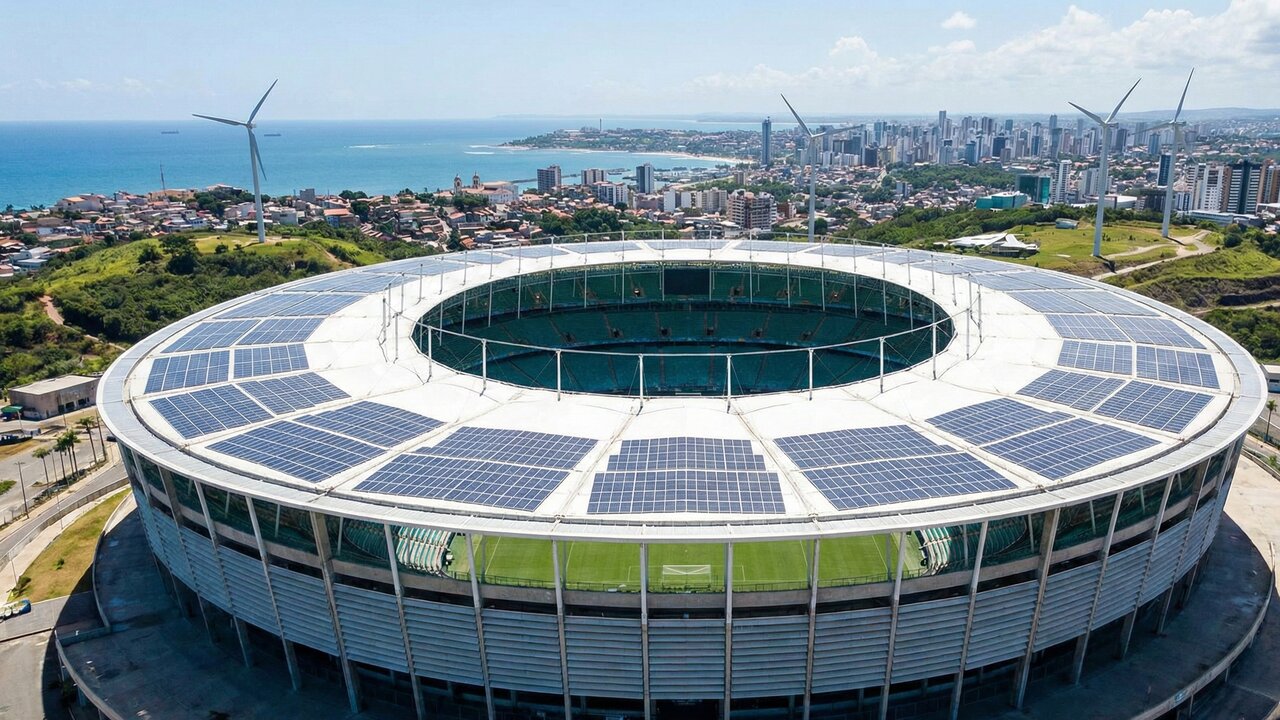 Com 32.157 lugares e o primeiro sistema de energia solar da América Latina, o estádio Pituaçu em Salvador tornou-se um marco de arena sustentável