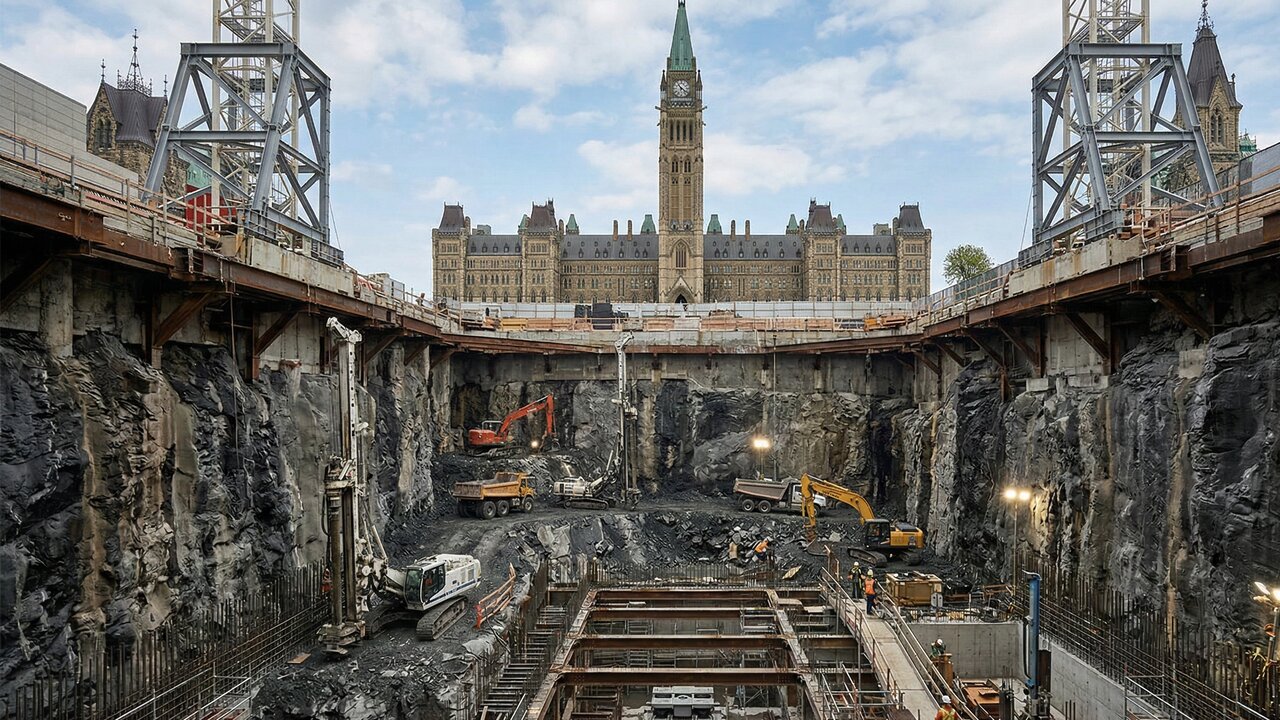 Com uma reforma de US$ 5 bilhões, o Parlamento do Canadá ganhou um buraco de 23 metros para a instalação de amortecedores gigantes contra terremotos