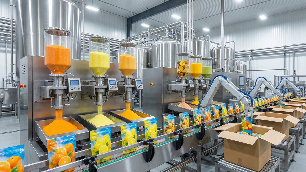 Com a secagem de polpa de fruta a 150 graus e mistura com aditivos em pó, é assim que a indústria fabrica o suco que rende um litro em segundos