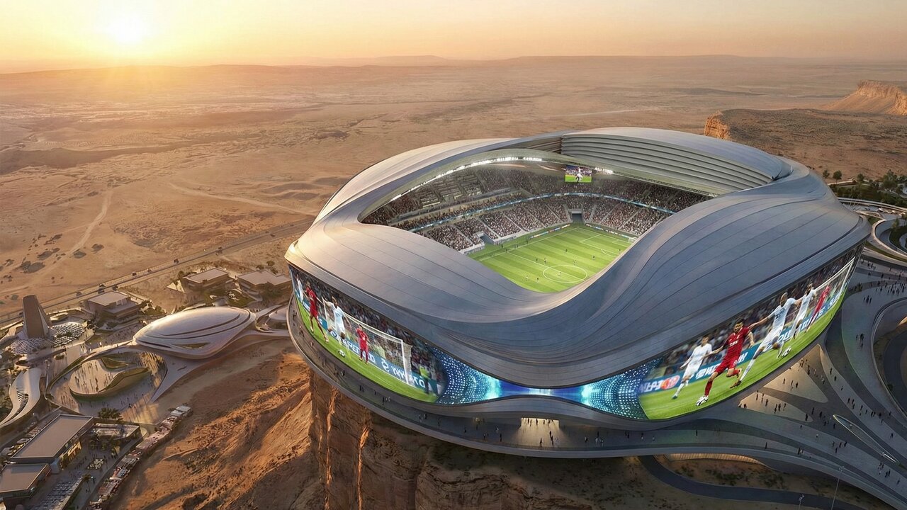O estádio futurista em um penhasco na Arábia Saudita virou o projeto mais ambicioso da Copa de 2034 com gramado retrátil e tecnologia de LED