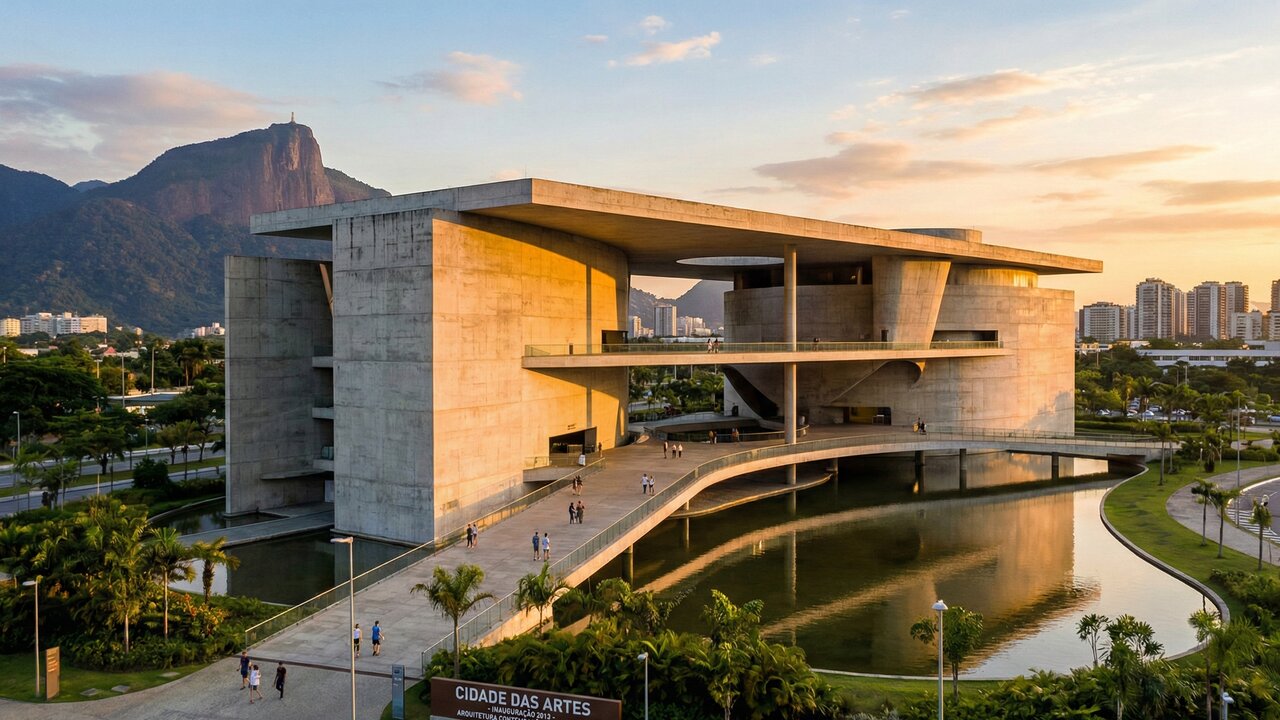 Com 97 mil metros quadrados de área e erguida sobre pilares, a Cidade das Artes de 2013 tornou-se o maior e mais moderno complexo cultural da cidade do Rio