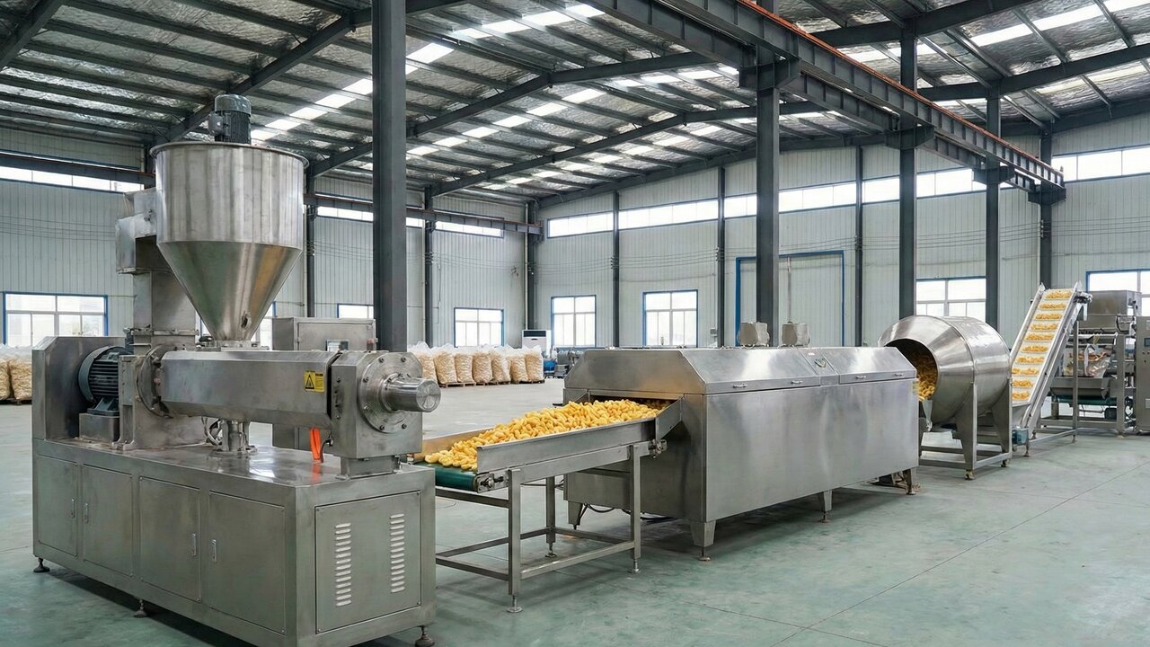 Com sêmola de milho aquecida e ejetada sob alta pressão em segundos, é assim que a indústria fabrica o salgadinho crocante, que expande no bocal