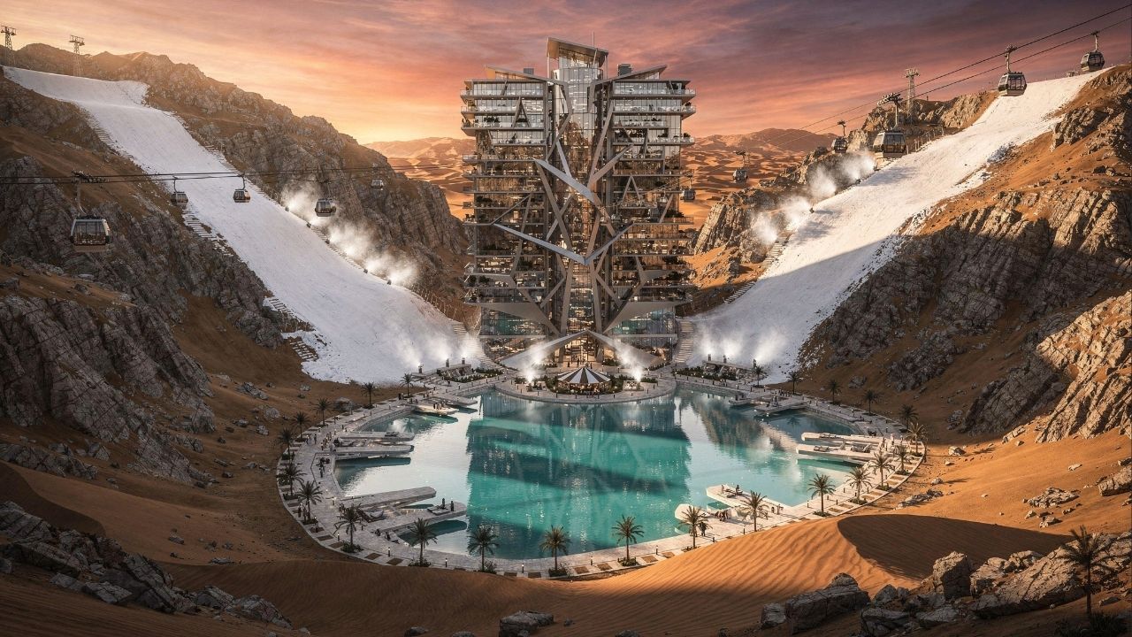 Com neve artificial o ano todo e custo estimado em 500 bilhões, a construção do resort de esqui no meio do deserto desafia a natureza, mirando os Jogos de Inverno de 2029