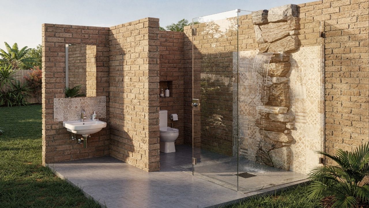 Adeus banheiro comum: esse projeto revolucionário usa sobras de obra para criar cascata e chuveiro ao ar livre dignos de resort