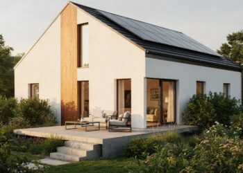 Esta casa compacta que une janelas altas e painéis solares com eficiência energética e design moderno