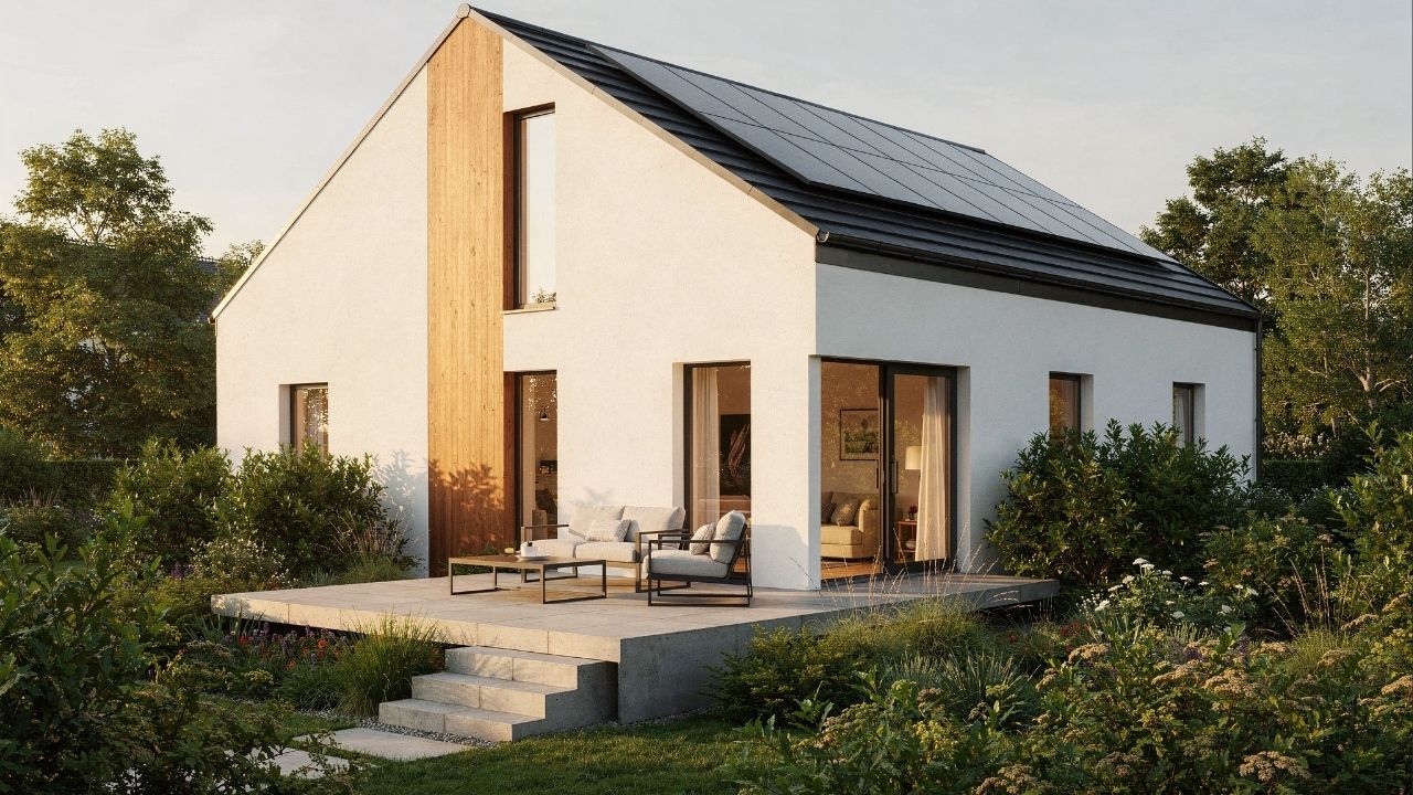 Esta casa compacta que une janelas altas e painéis solares com eficiência energética e design moderno