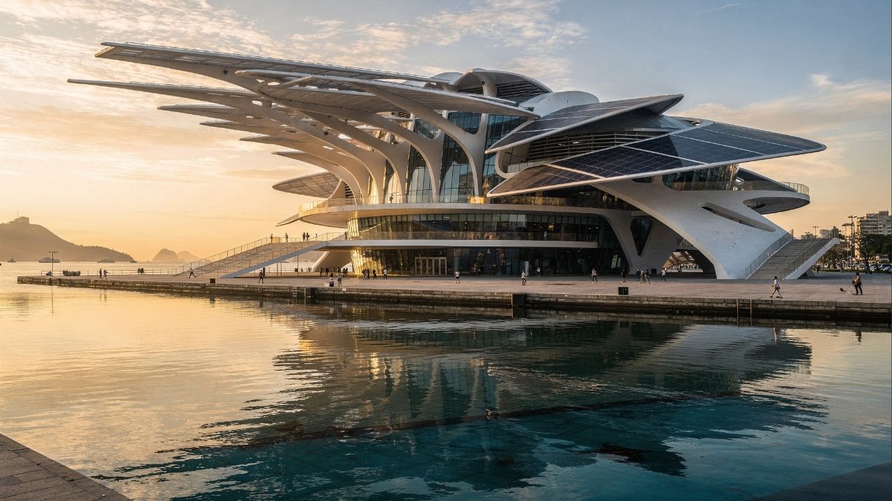 Com 15 mil metros quadrados de painéis solares e design futurista de Calatrava, o Museu do Amanhã tornou-se o maior símbolo da revitalização portuária do Rio