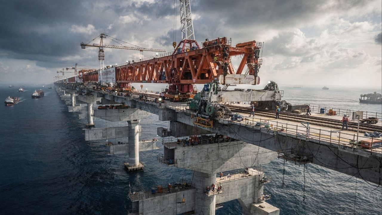 Com tecnologia de vedação extrema e canais suspensos, a ponte aquática chinesa permite que navios naveguem sobre rodovias em um projeto futurista