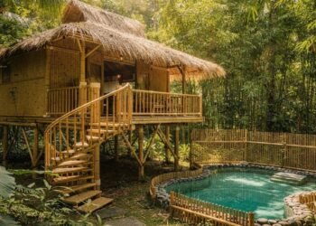 Quatro homens, 30 dias e zero tecnologia: eles ergueram uma casa de bambu de luxo com piscina usando apenas facões e cipós