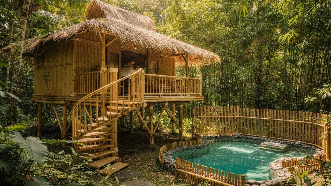 Quatro homens, 30 dias e zero tecnologia: eles ergueram uma casa de bambu de luxo com piscina usando apenas facões e cipós