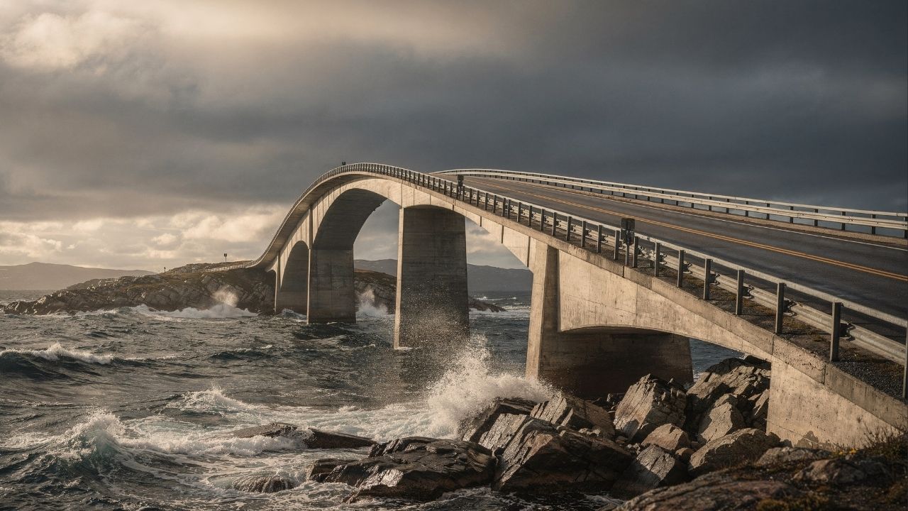 Ponte na Noruega ganha fama por sua curva de 260 metros, pois sua ilusão de ótica faz o asfalto sumir no ar sendo o maior marco da Estrada Atlântica