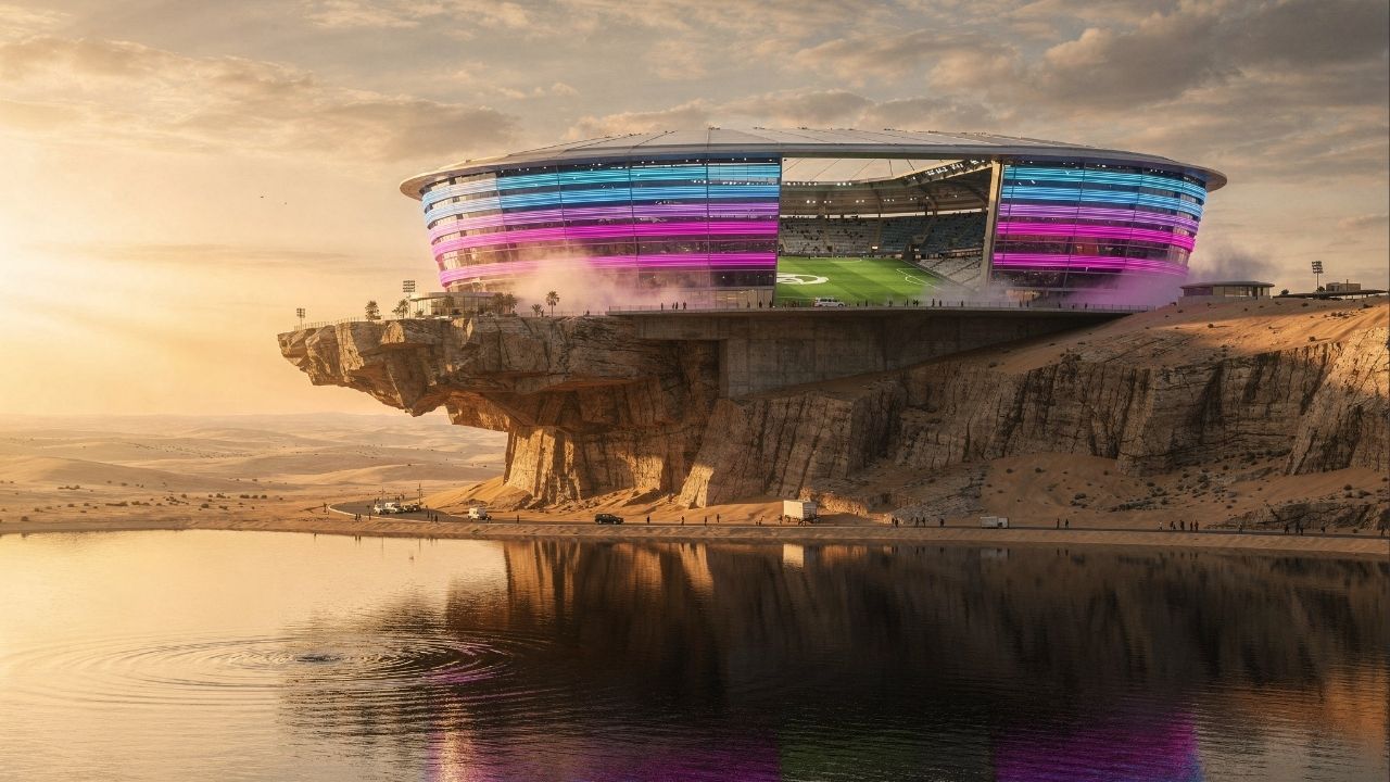 O estádio futurista em um penhasco na Arábia Saudita virou o projeto mais ambicioso da Copa de 2034 com gramado retrátil e tecnologia de LED
