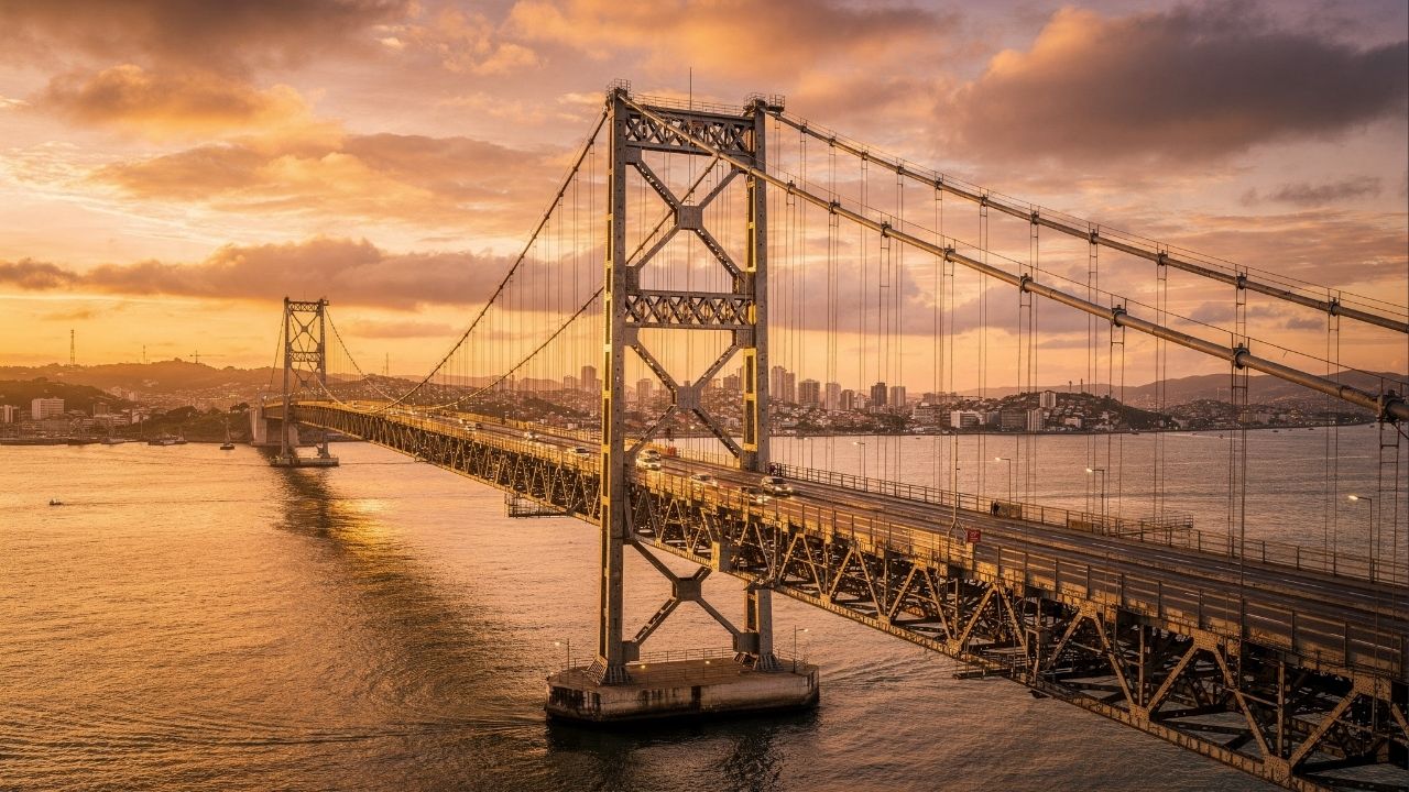 Com 821 metros de extensão e torres de 74 metros de altura, a ponte Hercílio Luz de 1926 virou o maior ícone arquitetônico de Santa Catarina