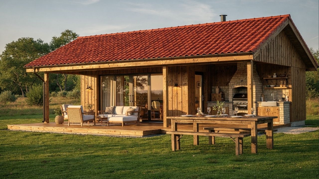 Com 70 metros quadrados e varanda gourmet, essa casa de madeira une modernidade e charme rústico