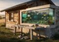 Ela construiu uma cabana com as próprias mãos e ainda fez um aquário integrado: o refúgio que une lazer e natureza