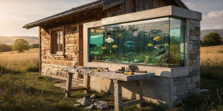 Ela construiu uma cabana com as próprias mãos e ainda fez um aquário integrado: o refúgio que une lazer e natureza