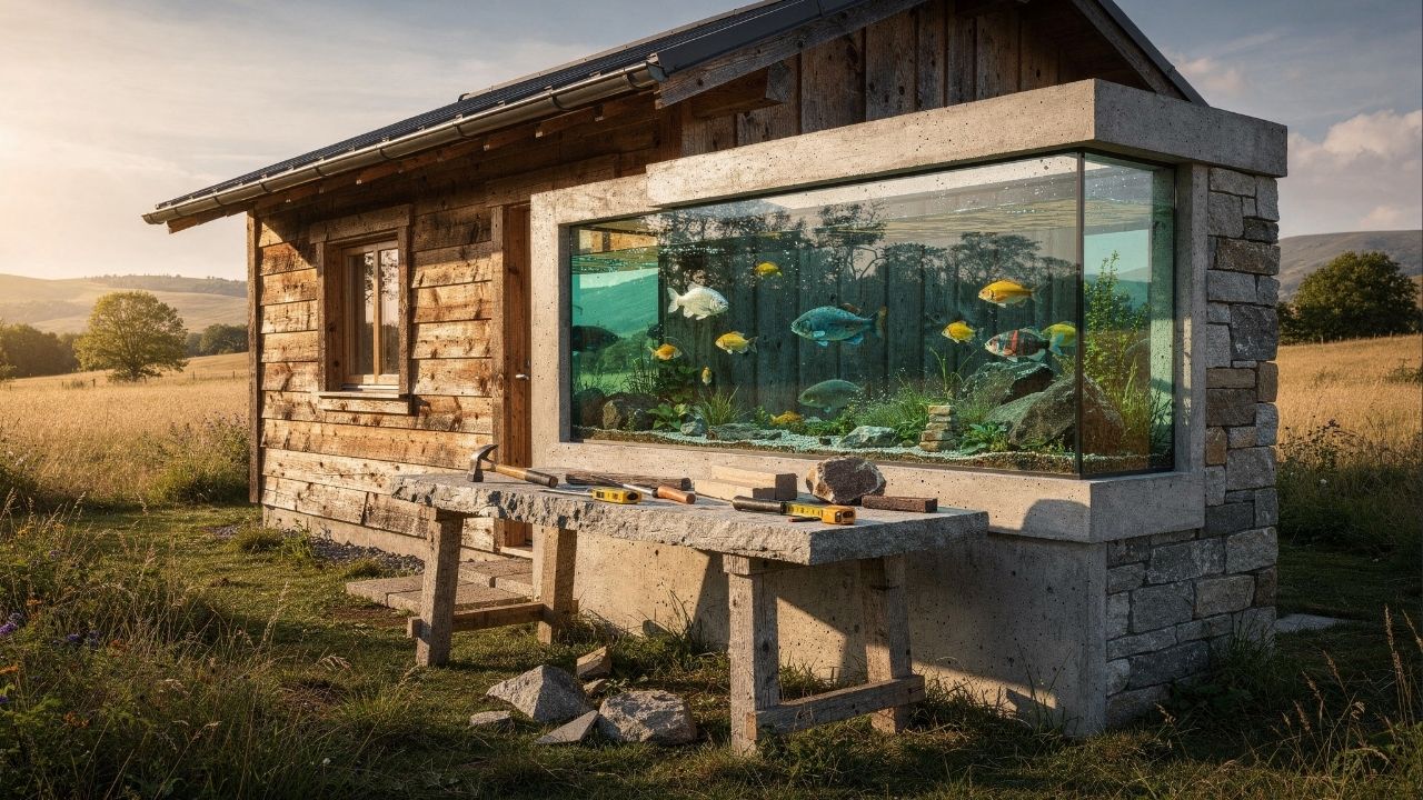 Ela construiu uma cabana com as próprias mãos e ainda fez um aquário integrado: o refúgio que une lazer e natureza