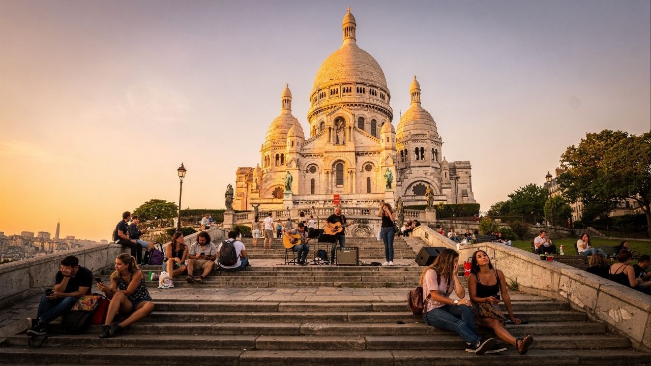 Com sua cúpula de 83 metros em travertino branco, a basílica de 1914 no topo de Montmartre tornou-se um dos marcos mais belos e visitados de Paris