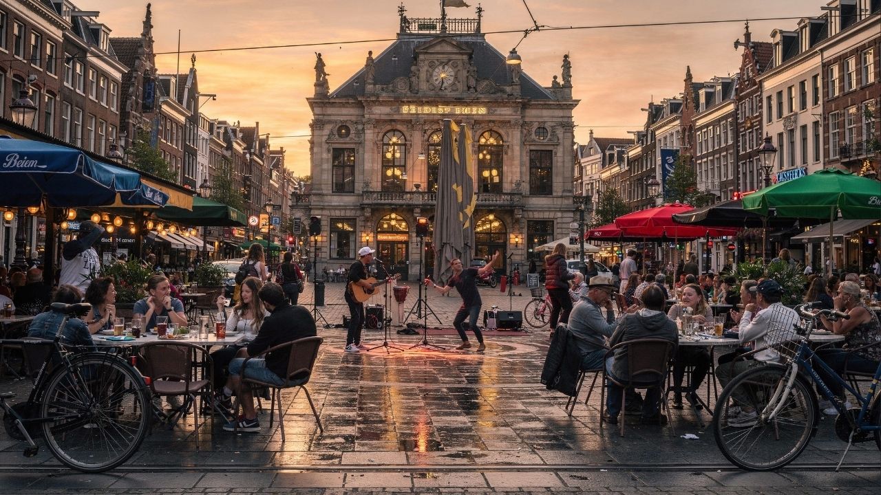 Praça em Amsterdã ganha fama pela cultura, pois o local de 1660 com seus teatros e cafés virou o ponto de encontro mais vibrante da Holanda
