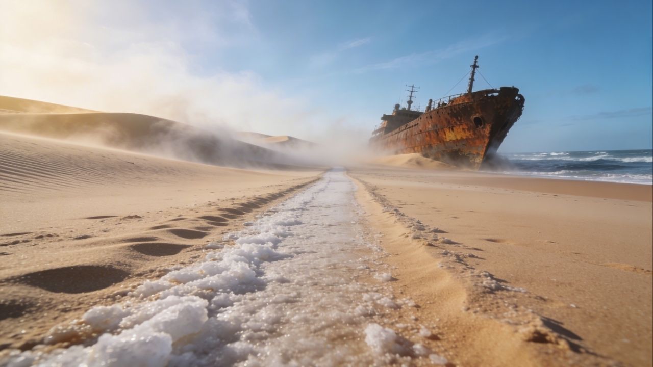Estrada Skeleton Coast ganha fama por seus 700 km de névoa, pois o trajeto sobre o sal na Namíbia cruza a misteriosa e isolada Costa dos Esqueletos