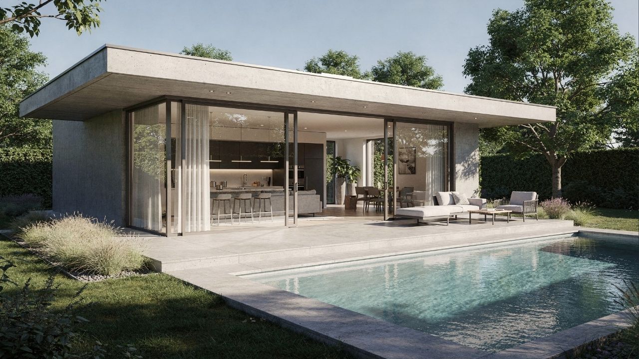 Com cozinha em ilha e fachada de vidro, esse projeto de 90 metros quadrados resolve bem lotes pequenos