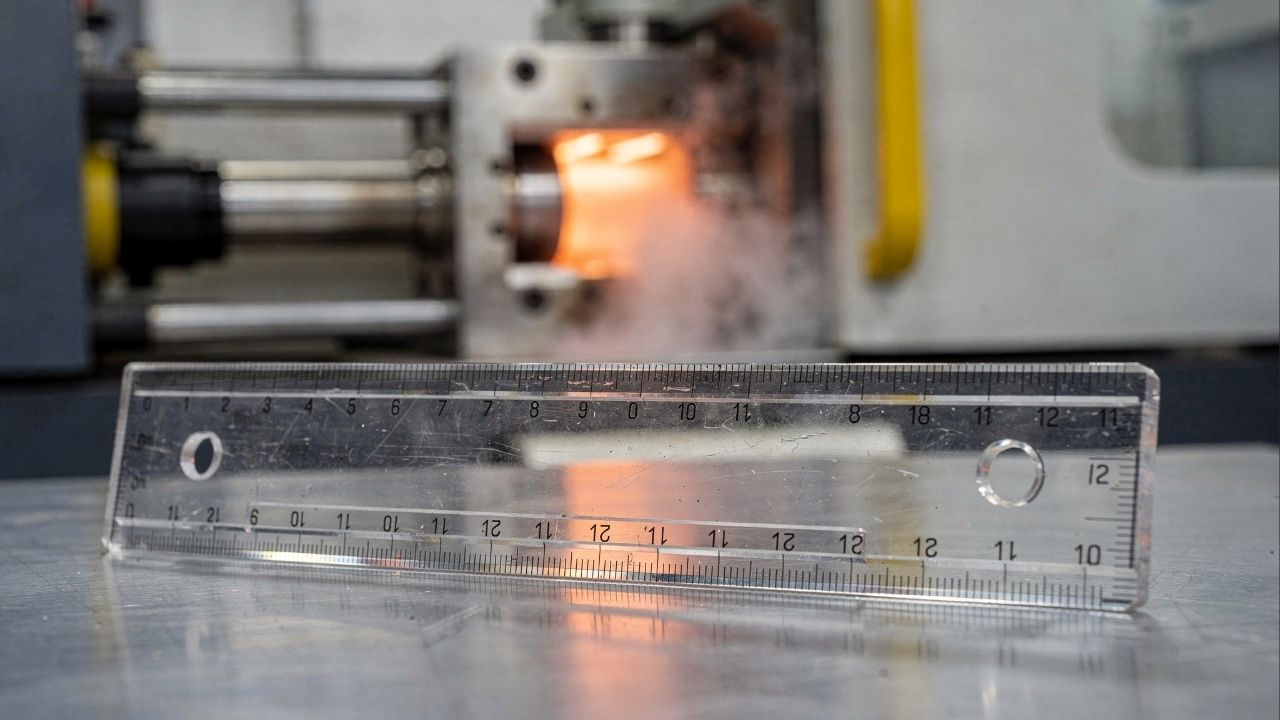 Com poliestireno injetado a 200 graus e gravação a laser de precisão milimétrica, é assim que a indústria fabrica a régua escolar