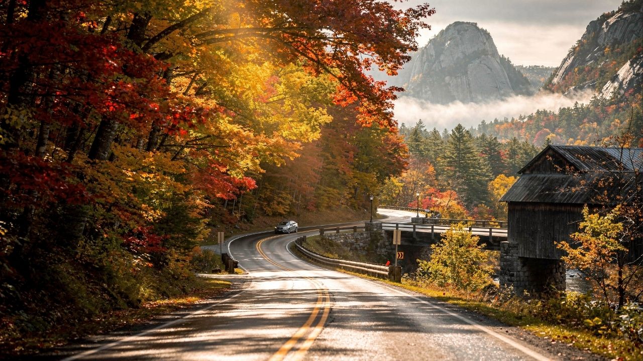 Rodovia nos EUA ganha fama por suas cores no outono, pois seus 55 km de extensão cruzam as Montanhas Brancas em um dos cenários mais belos do país