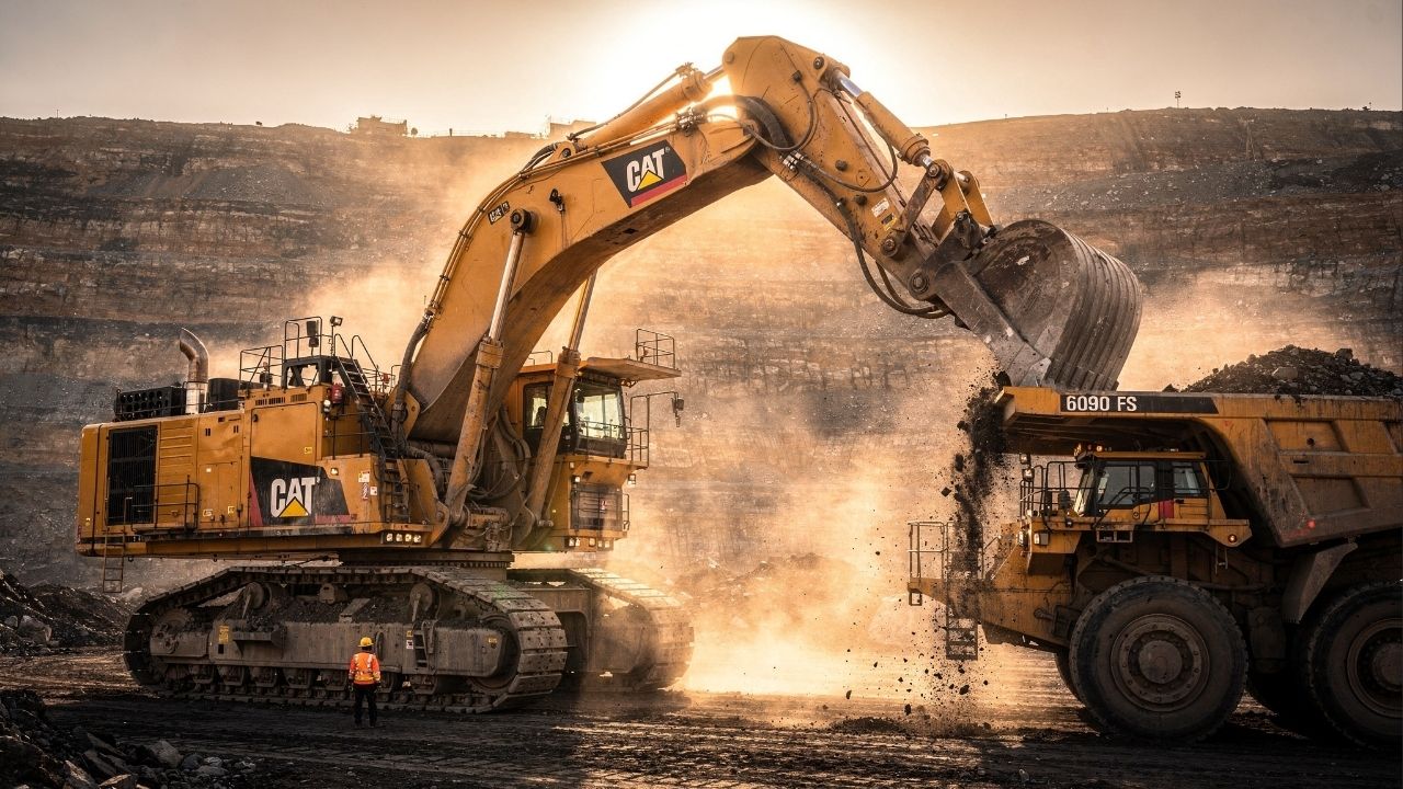 Com peso de 1.000 toneladas e motor de 4.500 HP, a Caterpillar 6090 FS virou a maior escavadeira hidráulica do mundo operando em minas gigantes