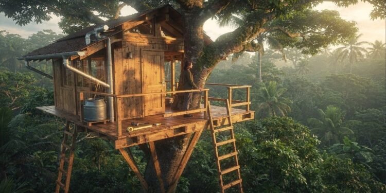 Sem eletricidade, sem paredes: a vida de quem trocou o conforto da cidade por uma casa elevada na selva
