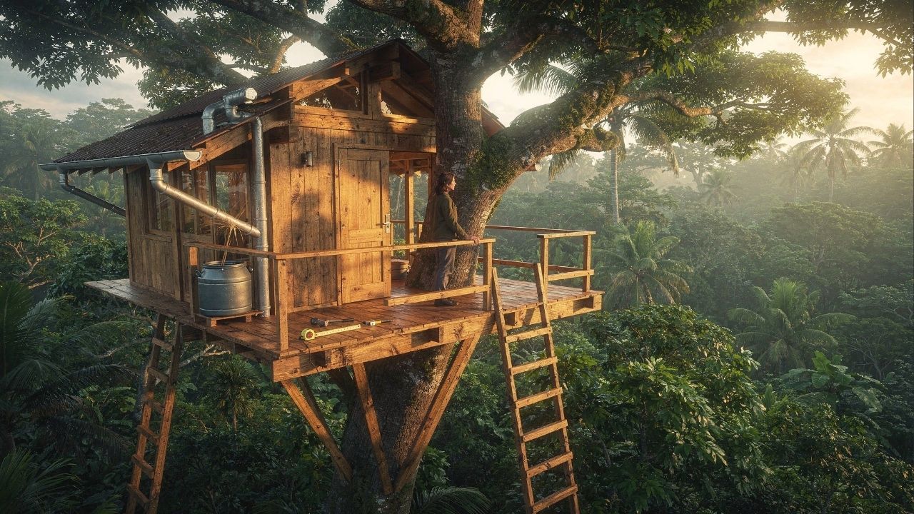 Sem eletricidade, sem paredes: a vida de quem trocou o conforto da cidade por uma casa elevada na selva