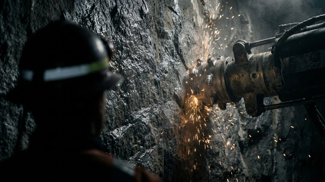 Detalhe da escavação mostrando a máquina perfurando a rocha bruta com faíscas e poeira