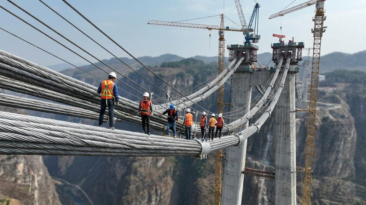 Engenheiros trabalhando nos cabos gigantescos da ponte, mostrando a escala humana versus a estrutura colossal.