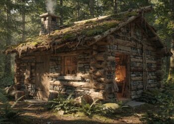 Sozinho, ele construiu uma cabana rústica de pedras e troncos construída à mão, promovendo minimalismo, conforto e integração natural
