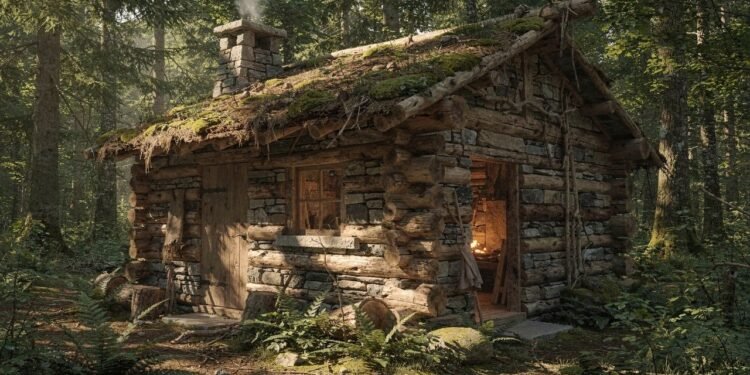 Sozinho, ele construiu uma cabana rústica de pedras e troncos construída à mão, promovendo minimalismo, conforto e integração natural