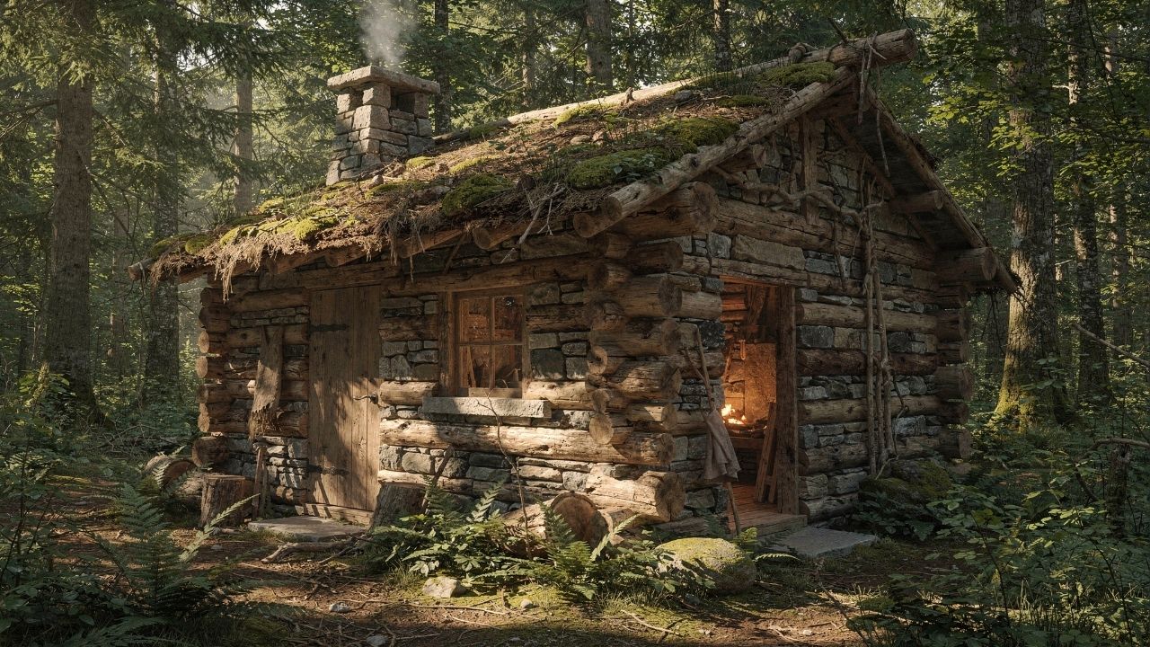 Sozinho, ele construiu uma cabana rústica de pedras e troncos construída à mão, promovendo minimalismo, conforto e integração natural