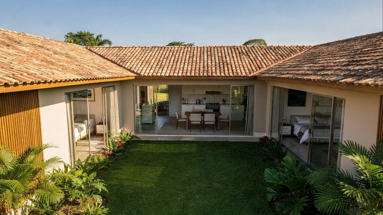 Projeto de casa térrea em U com 3 dormitórios e 120 metros quadrados aposta em integração, ventilação e fluidez