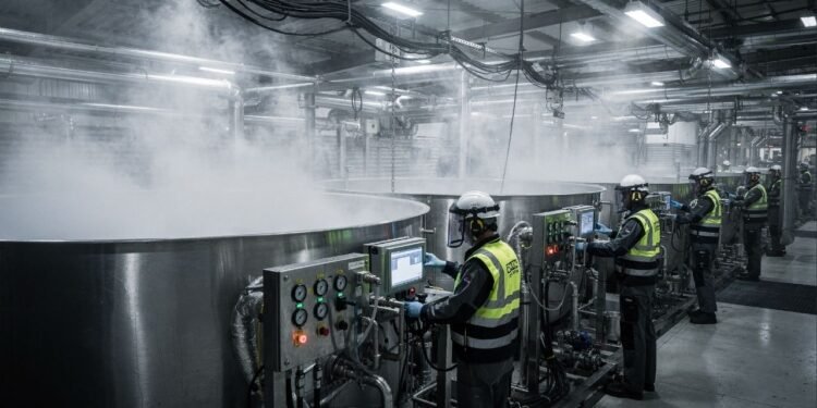 Com a eletrólise de salmoura a 90 graus em tanques industriais, é assim que a química produz a soda cáustica, um agente capaz de dissolver gordura